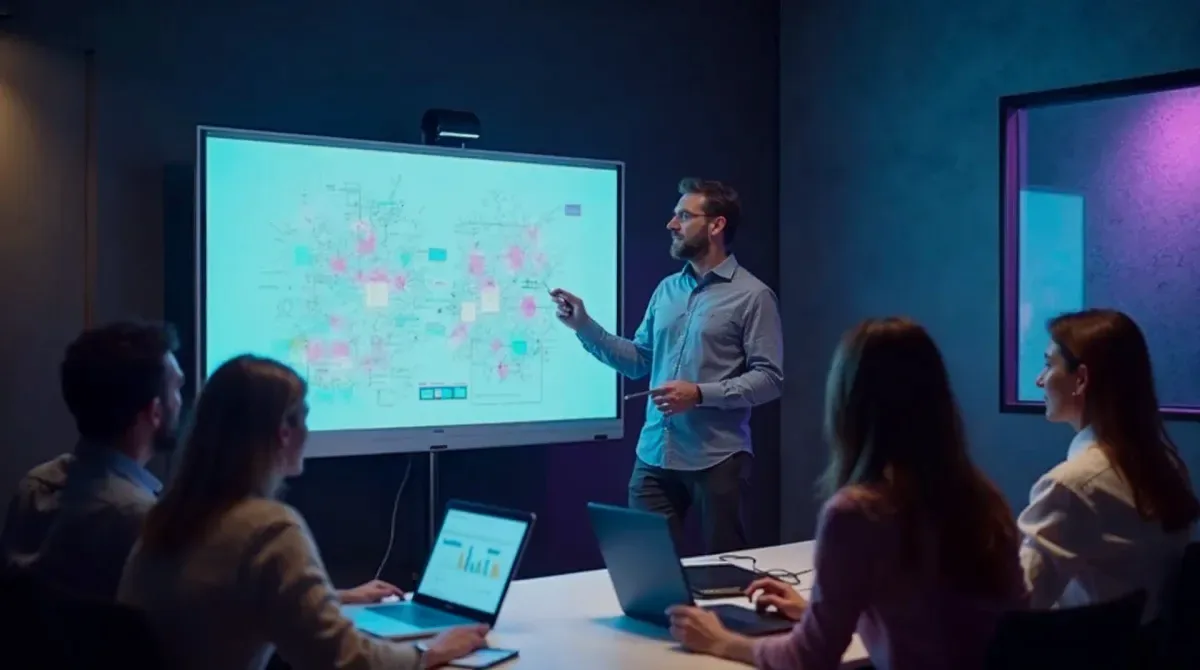 Workshop im Betrieb: Berater am digitalen Whiteboard, das Team am Tisch mit Laptops