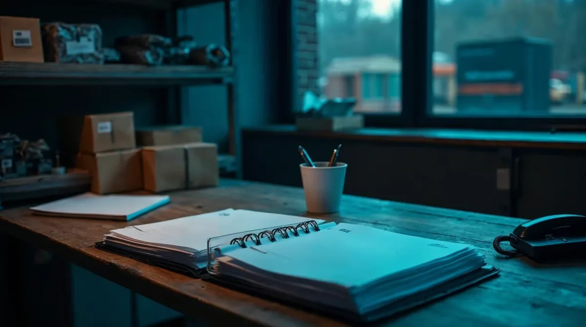 Einkaufsbüro eines norddeutschen Metallbaubetriebs nach Feierabend in kühlem Cyan- und weichem Fliederlicht: ein abgenutzter Holzschreibtisch mit einer Ablage leerer Lieferpapiere, Ordner und Telefon, daneben ein Regal mit Paketen und Kisten voller Stahlteile, im Hintergrund unscharf das dunkle Lager