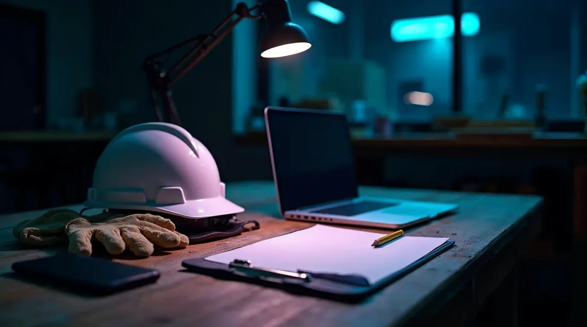 Schreibtisch im Werkstattbüro eines norddeutschen Handwerksbetriebs am Abend: Schutzhelm, Arbeitshandschuhe, Zimmermannsbleistift und ein Klemmbrett mit leerem Blatt, beleuchtet von kühlem Cyan-Licht und einer Lampe in Flieder, im Hintergrund unscharf die dunkle Werkhalle