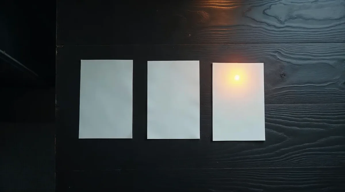 Aufgeräumte dunkle Werkbank mit leeren Dokumentkarten in einer Reihe; die letzte Karte rechts ist mit einem warmen orangefarbenen Licht als freigegeben markiert