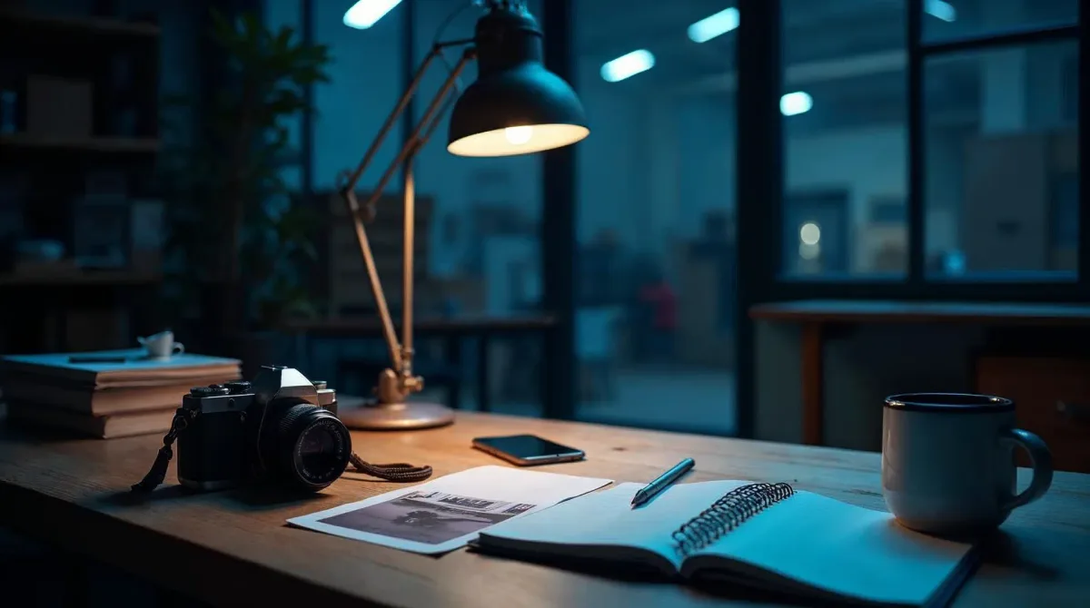 Aufgeräumter Schreibtisch im Büro eines norddeutschen Betriebs am Abend: Kamera, verdeckt liegende Projektfotos, ein geschlossenes Notizbuch und ein leeres Blatt zur Freigabe, beleuchtet von kühlem Cyan-Licht und Flieder, dahinter unscharf die dunkle Werkhalle
