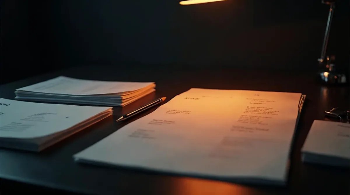 Aufgeräumter dunkler Schreibtisch mit vorsortierten Poststapeln, einem Kalender und einer Reihe Karteikarten; ein Dokument am rechten Rand ist mit warmem orangefarbenem Licht als freigegeben markiert