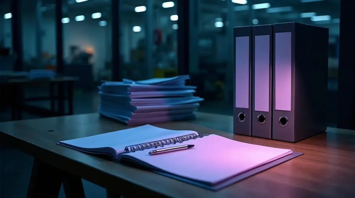Büro des Qualitätsmanagements in einem norddeutschen Metallbaubetrieb nach Feierabend, in kühlem Cyan- und weichem Fliederlicht: aufrecht stehende Ordner, ein aufgeschlagener Ordner mit leeren Registerblättern, ein Messschieber auf einem leeren Prüfblatt, hinter einer Glasscheibe unscharf die dunkle Fertigungshalle