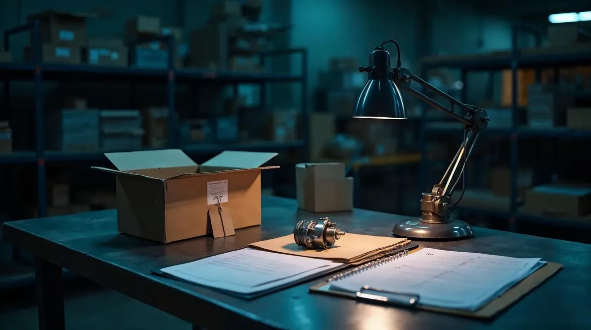 Arbeitsplatz der Qualitätssicherung in einem norddeutschen Metallbaubetrieb nach Feierabend, in kühlem Cyan- und weichem Fliederlicht: auf einer Werkbank ein geöffneter Rücksendekarton mit einem Metallteil auf Packpapier, daneben ein leerer Anhänger, ein Ordner und ein Klemmbrett mit leeren Blättern, im Hintergrund unscharf Regale und die dunkle Halle