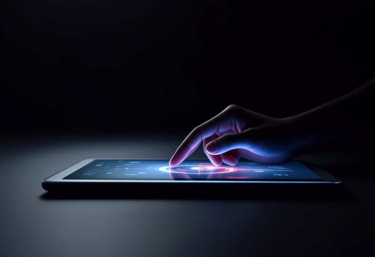 Eine Hand tippt mit dem Finger auf den Bildschirm eines Tablets, wodurch ein futuristisches, blau-rotes Symbol in der Mitte aufleuchtet.