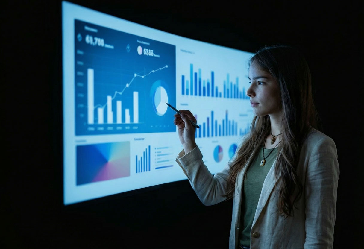 Eine junge Frau im Business-Outfit steht vor einer großen Leinwand und zeigt mit einem Stift auf ein wachsendes Balkendiagramm.