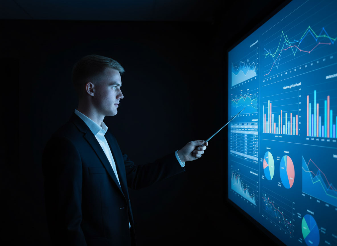 Ein junger Mann im Anzug steht vor einer großen Leinwand und zeigt mit einem Zeigestab auf verschiedene bunte Diagramme und Statistiken.