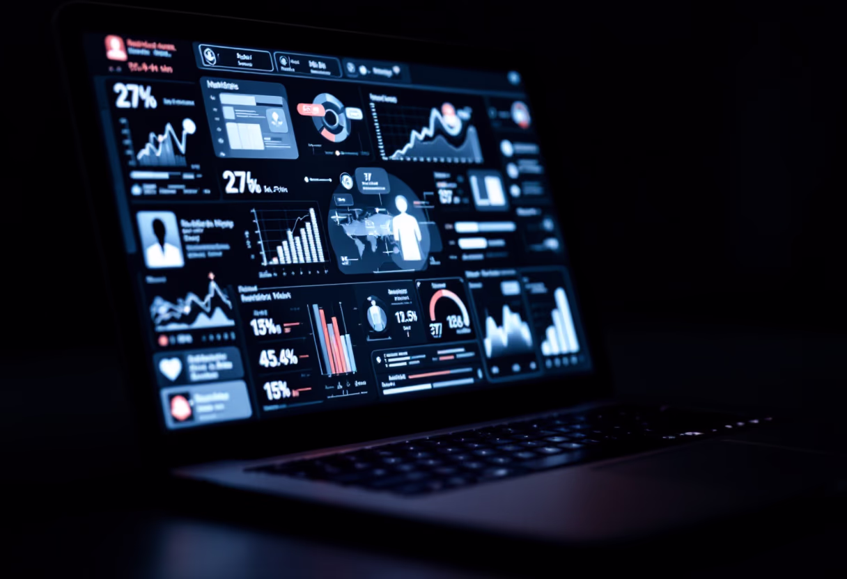 Ein Laptop im Dunkeln, dessen Bildschirm ein leuchtendes Dashboard mit verschiedenen Graphen, Diagrammen und KPIs zur Datenanalyse anzeigt.