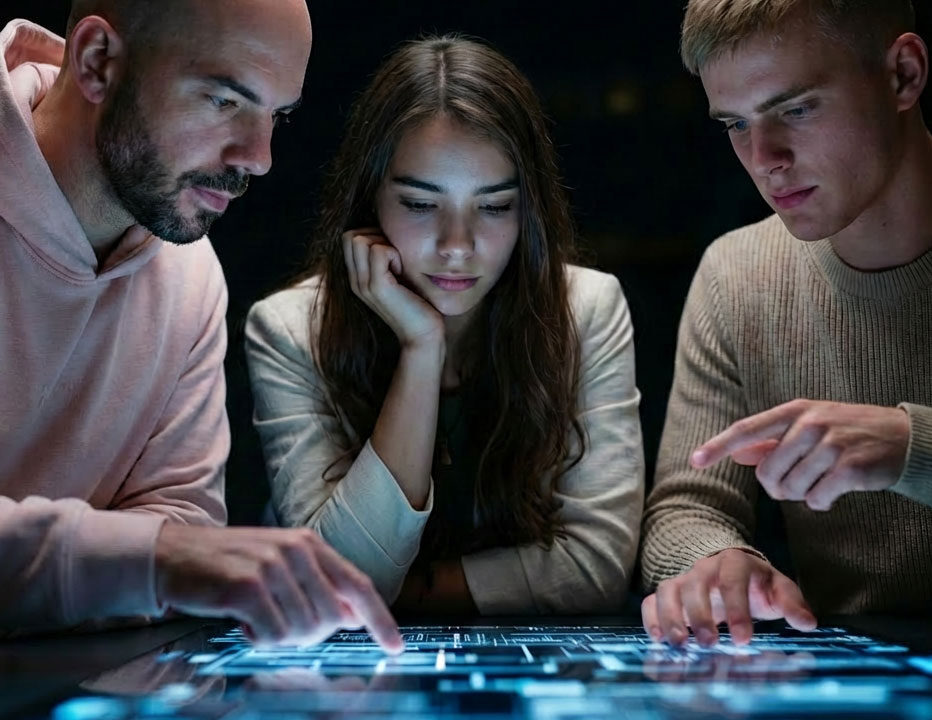 Drei junge Kollegen – zwei Männer und eine Frau – interagieren konzentriert mit einem leuchtenden, futuristischen Touch-Display, um Daten zu analysieren.